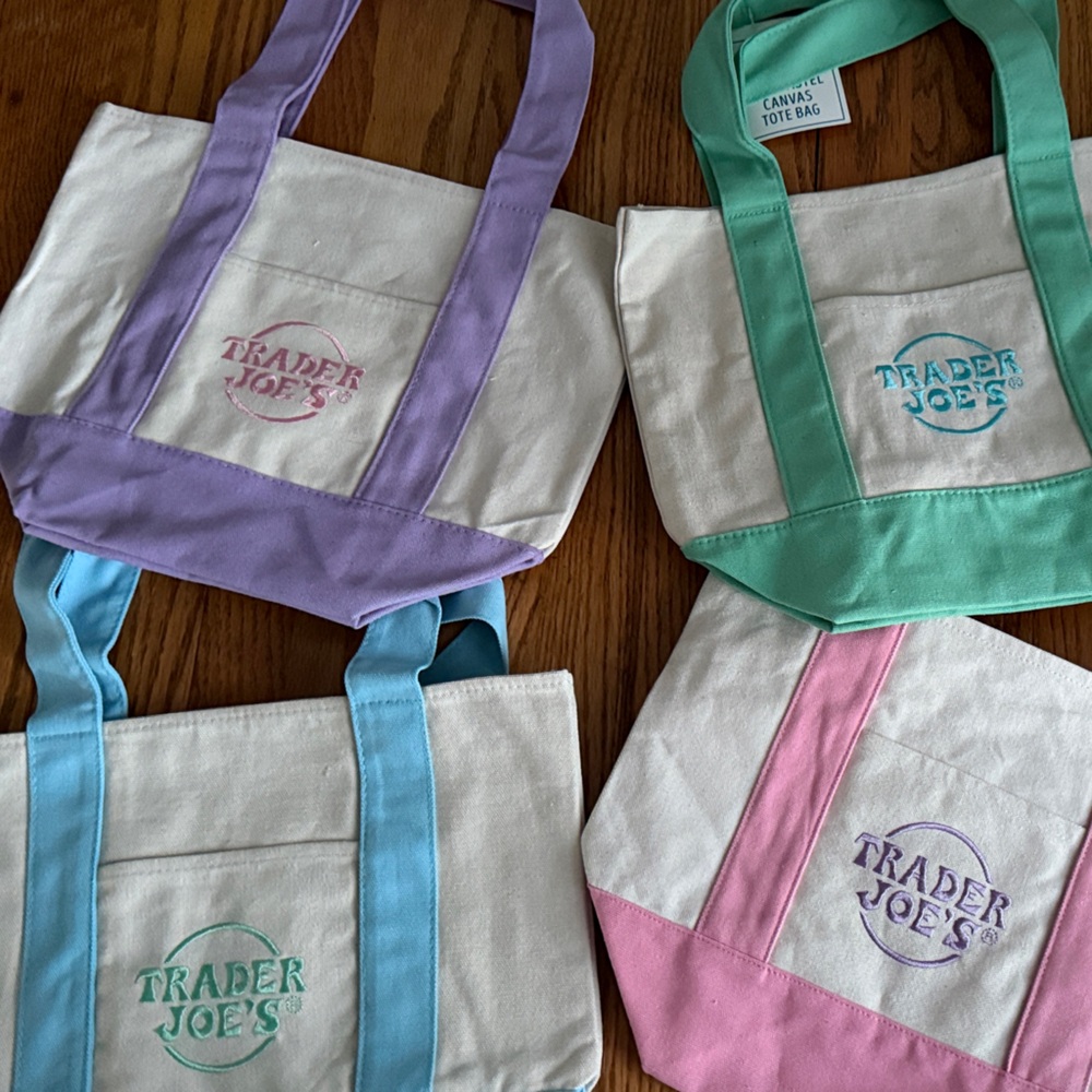 Trader Joe’s Mini Totes- Canvas Tote Bag Set - Purple, Green, Pink, Blue